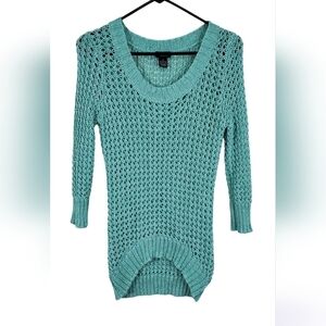 Rue 21 Open Knit Top Fishnet Style 3/4 Sleeve Sweater Blue Green Size Medium